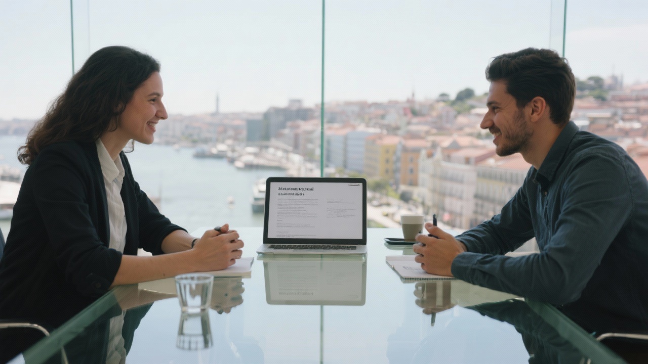 Young consultancy founders discussing mission statements at a glass meeting table overlooking Lisbon skyline while aligning purpose driven HR strategies.