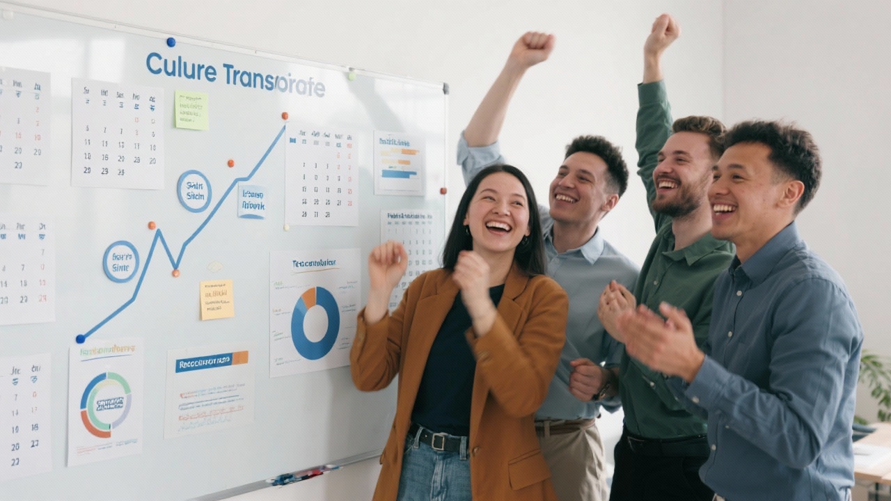 Smiling team leaders celebrating culture transformation milestones beside a whiteboard covered with rituals calendars, onboarding metrics and recognition program ideas.