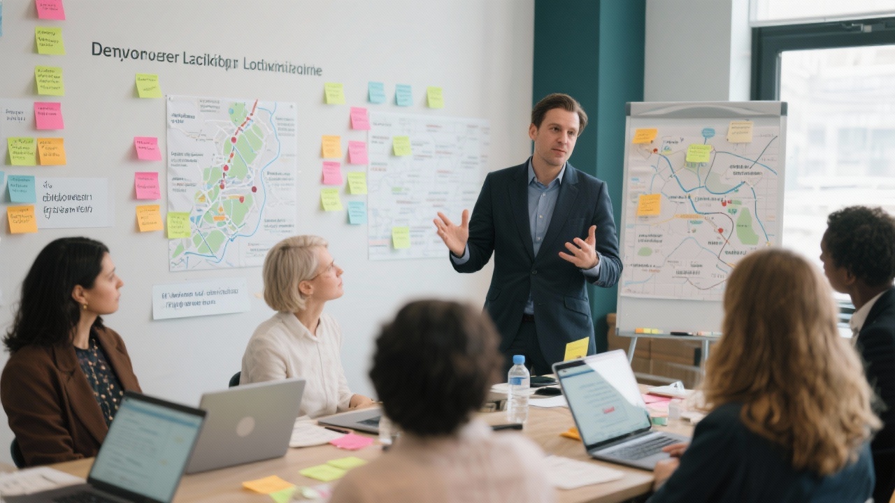 Facilitator leading a design thinking workshop with sticky notes, journey maps and laptops as HR professionals prioritize initiatives for employee lifecycle optimization.