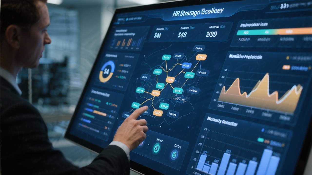 HR strategist mapping workforce planning scenarios on a large touchscreen displaying predictive analytics, salary bands and headcount forecasts for leadership decision making.