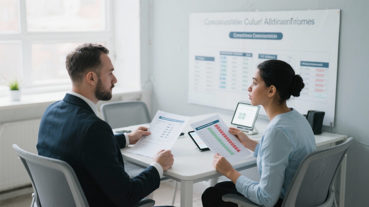 Recruitment consultant interviewing a candidate while reviewing competency framework printouts and digital scorecards inside a professional assessment room to ensure cultural alignment outcomes.